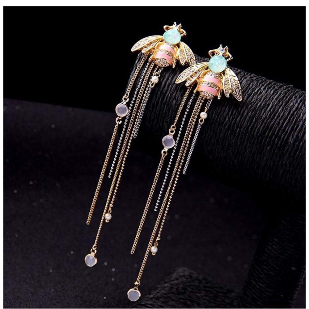 Bee Dangle Earrings with Chain Fringe